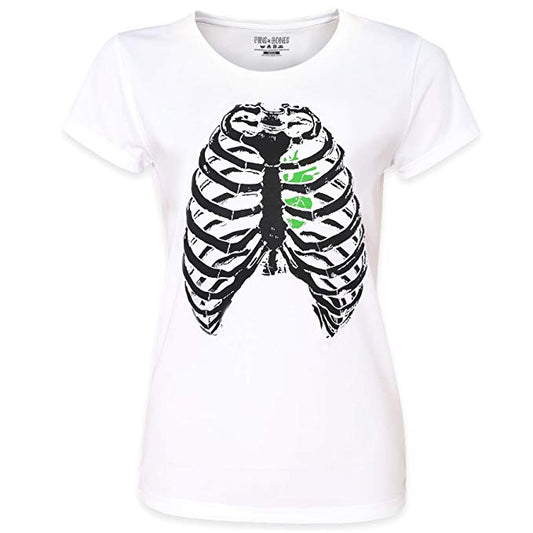 Pins & Bones Women's Skeleton Shirt, Rib Cage Shirt, Classic Skeleton T-shirt Green Heart by pinsandbones.com