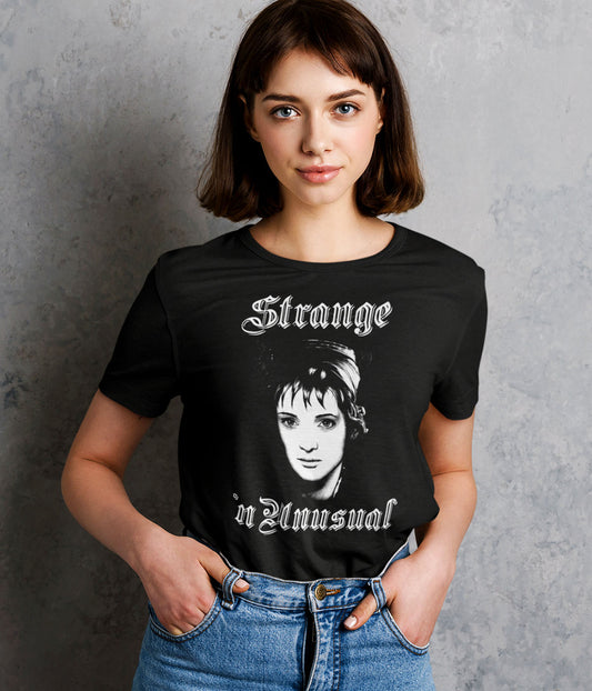 Women’s Lydia Deetz T-Shirt, Strange and Unusual Tee, Classic Horror Movie Merch, Black Cotton Tee
