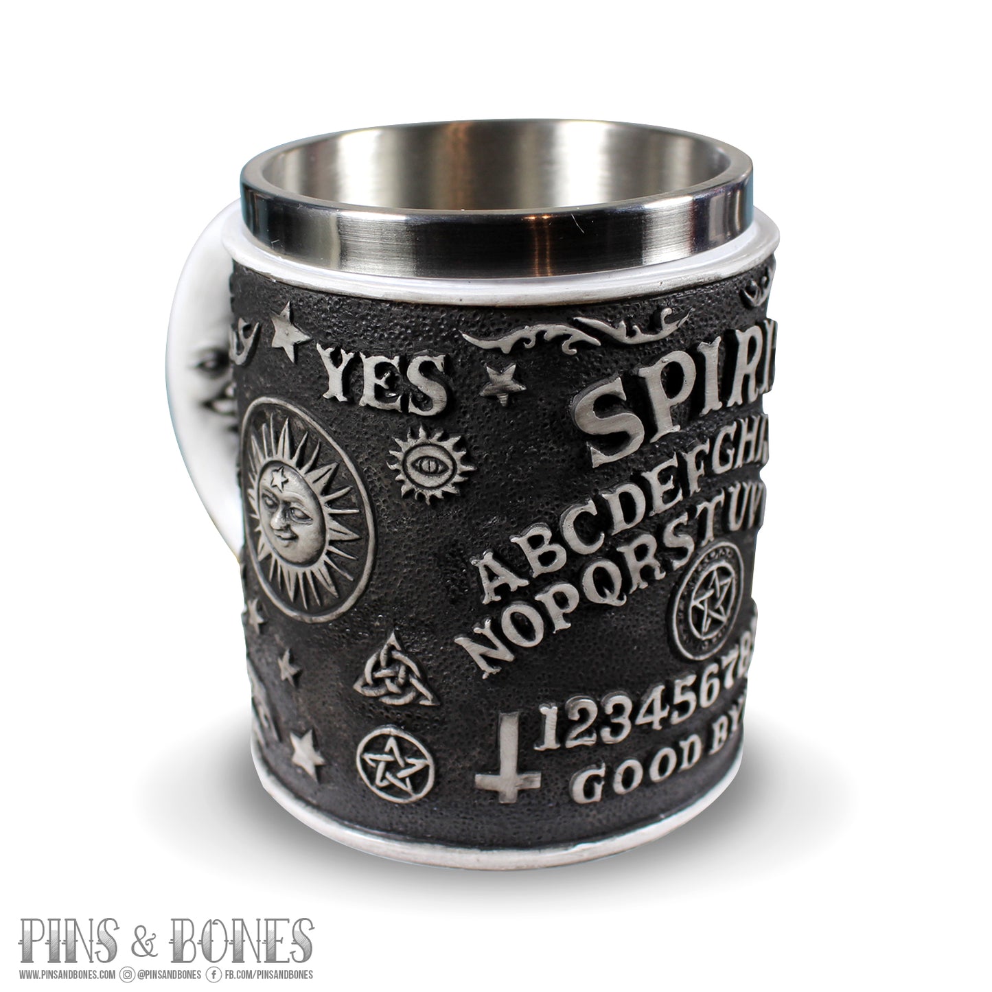 Pins & Bones Ouija Moon Coffee Mug 15 oz Layered Aluminum Black Ouija Board Coffee Mug by pinsandbones.com