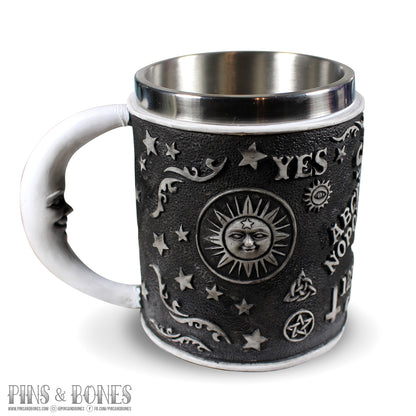 Pins & Bones Ouija Moon Coffee Mug 15 oz Layered Aluminum Black Ouija Board Coffee Mug