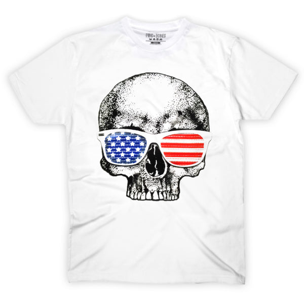 Pins & Bones American Flag Shirt, Funny America Shirt, Skull with Shades, White Cotton Tee by pinsandbones.com