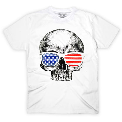 Pins & Bones American Flag Shirt, Funny America Shirt, Skull with Shades, White Cotton Tee by pinsandbones.com
