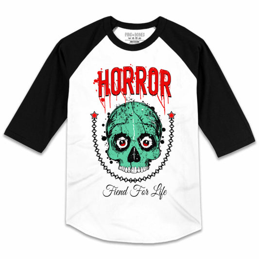 Pins & Bones Horror Lover For Life, Skull and Brains, Zombie Apparel, Black & White Raglan, Baseball Zombie T Shirt by pinsandbones.com