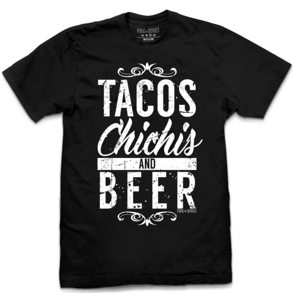 Pins & Bones Tacos, Chichis And Beer Retro Black Cotton T ShirT by pinsandbones.com