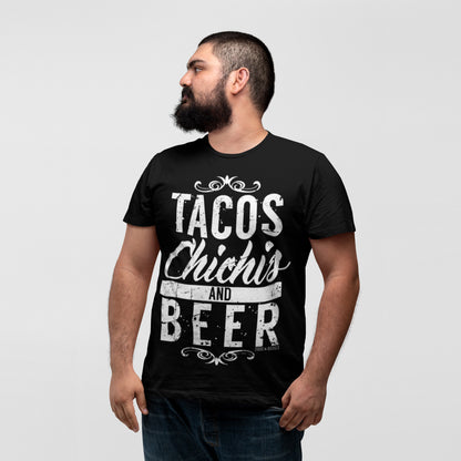 Pins & Bones Tacos, Chichis And Beer, Funny Beer T Shirt, Retro Black Cotton Taco T Shirt
