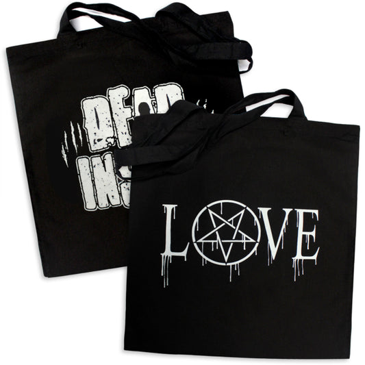 Pins & Bones Pentagram Love Dead Inside 2 pack Carry All Cotton Tote Bags, Black
