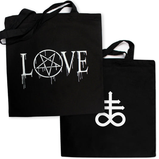 Pins & Bones Pentagram LOVE Satanic Symbol 2 Pack Carry All Canvas Tote Bag Blck