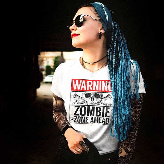 Pins & Bones Women's Zombie Zone Warning Sign, Horror Themed White Cotton T-Shirt