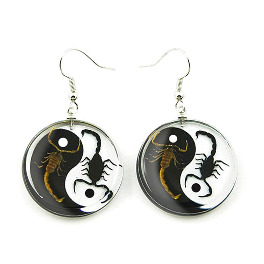 Pins & Bones Scorpion Earrings with hooks, Genuine Scorpion Remains, Yin & Yang Design by pinsandbones.com